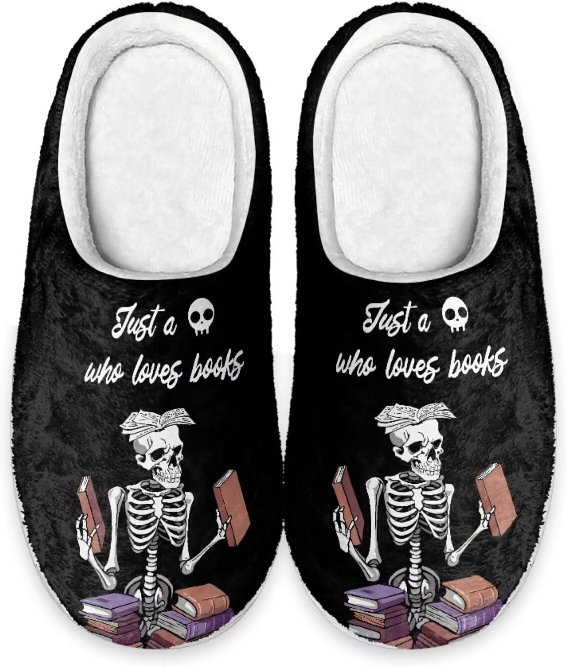 

Зимние мужские мягкие плюшевые тапочки Qoiuvncy с черепом, противоскользящие, комфортные, теплые, пушистые, домашние тапочки на плоской подошве, размеры США 2-12, Skeleton Books