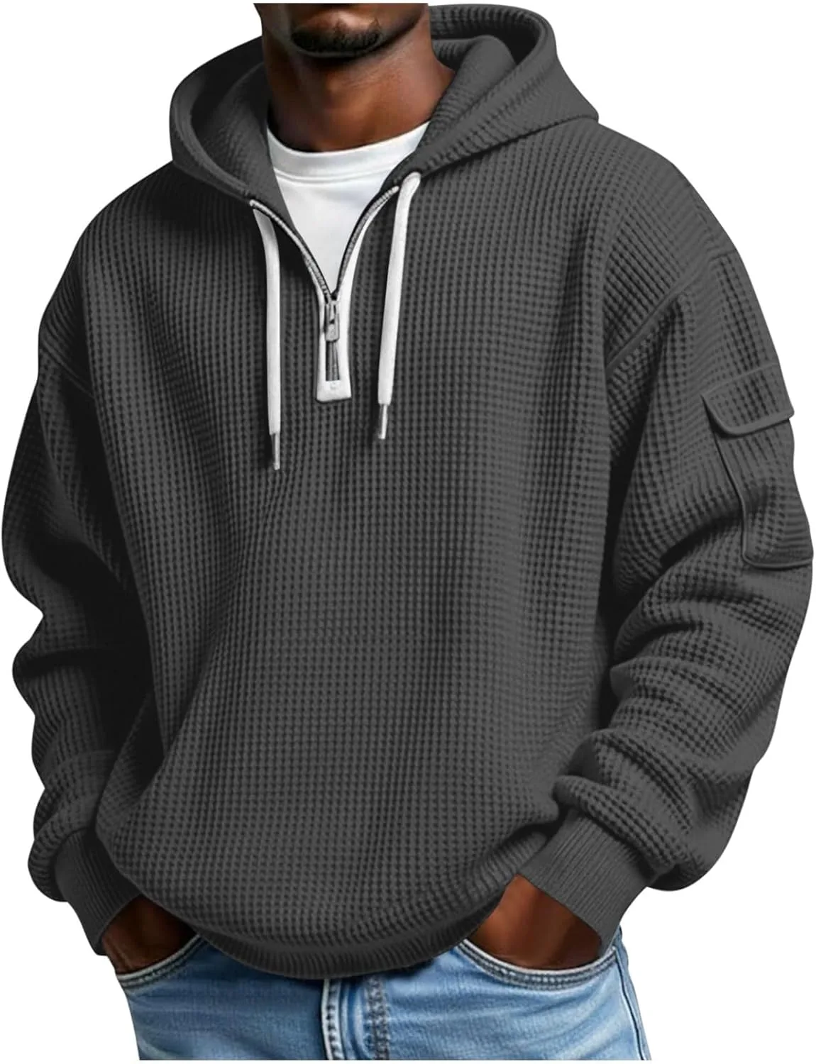 Толстовка с капюшоном для мужчин, quarter zip, waffle, с карманом