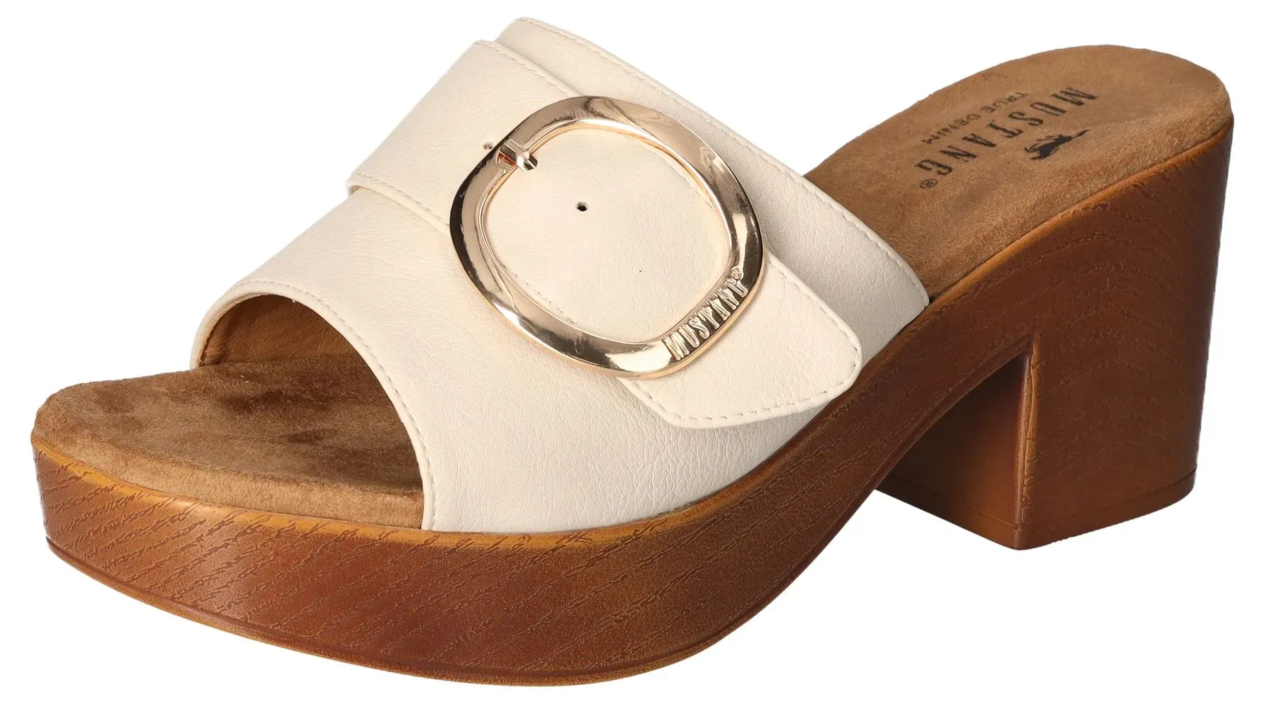 

Mustang Shoes Туфли-мюли, блочный каблук, летние туфли, тапочки с большой декоративной пряжкой, кремовый