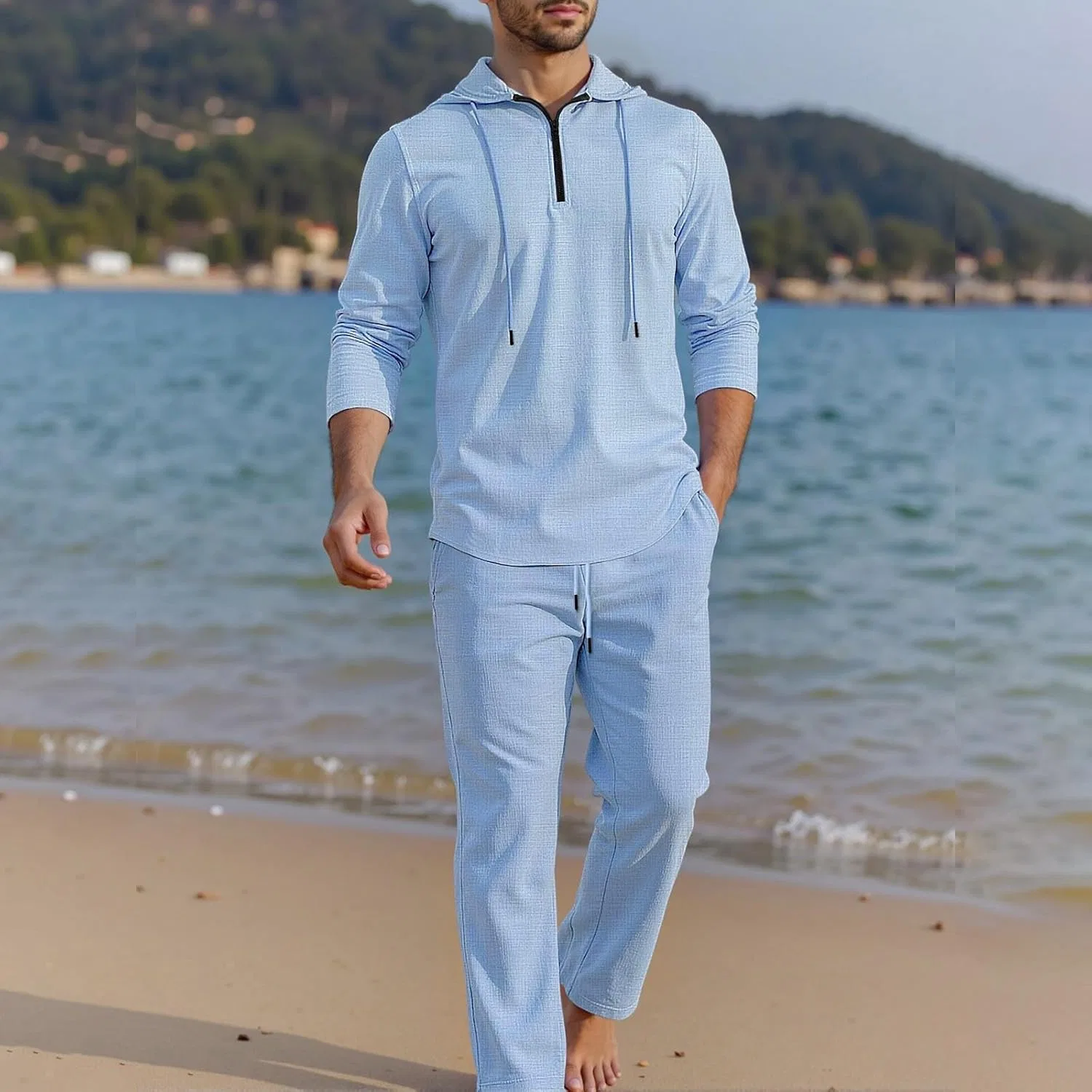 Мужской спортивный костюм с капюшоном, дышащий, Sky Blue — фото 4