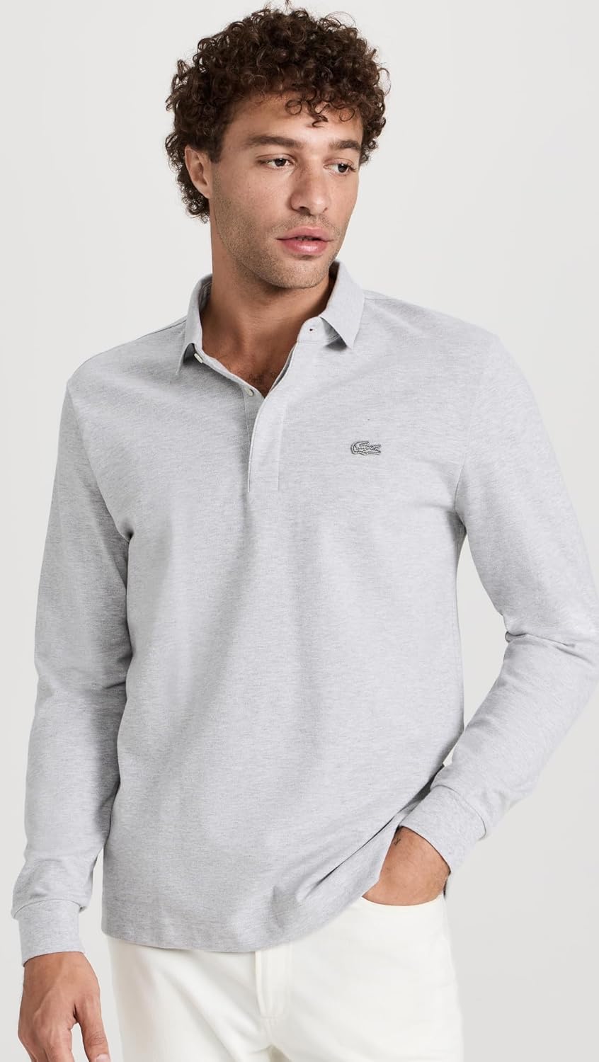 Мужское поло Lacoste Paris с длинным рукавом из эластичного хлопка, Silver Grey Chine — фото 2