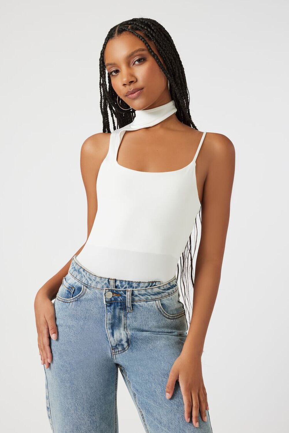 

Асимметричное боди на бретельках с воротником-стойкой Forever 21, белый