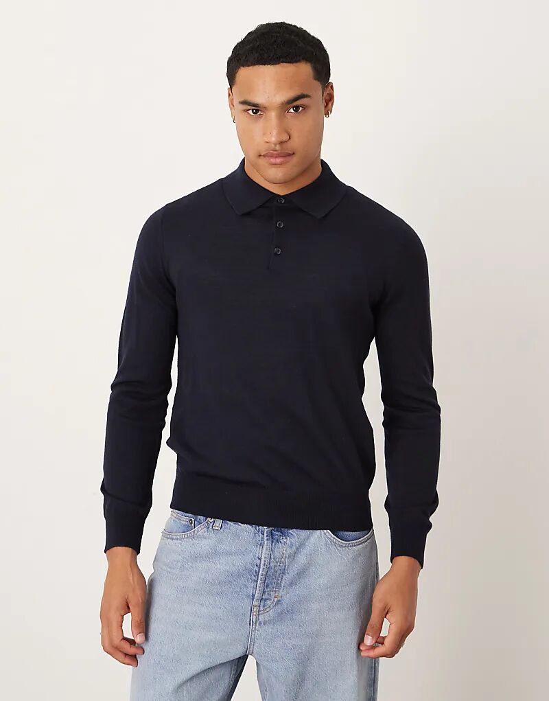 

Трикотажный топ-поло из шерсти Mango с застежкой на пуговицы и длинными рукавами темно-синего цвета