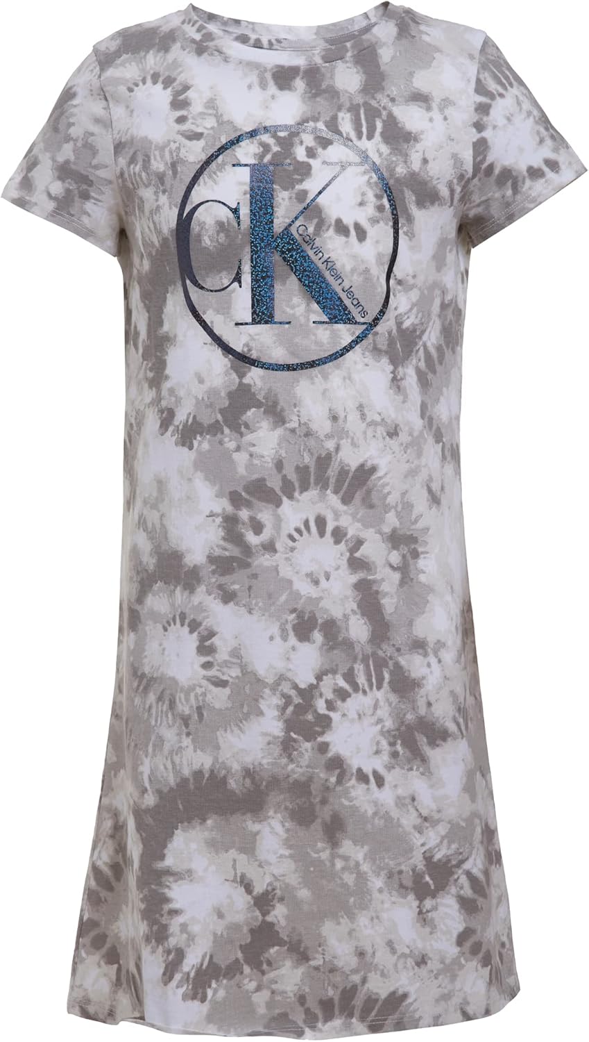 

Платье-футболка с короткими рукавами Calvin Klein для девочек, фасон пуловер с круглым вырезом, логотипом, White Dye