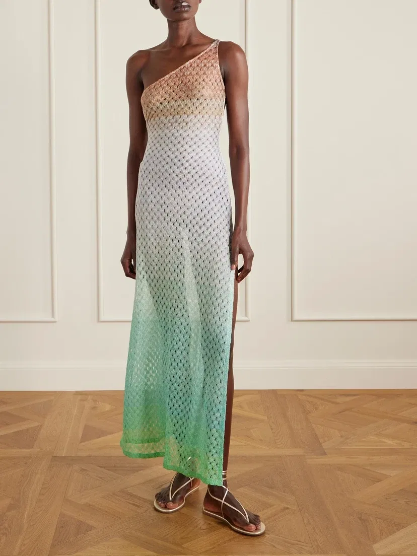 Купальник с одним плечом, металлический, вязанный крючком Missoni, бирюзовый — фото 2