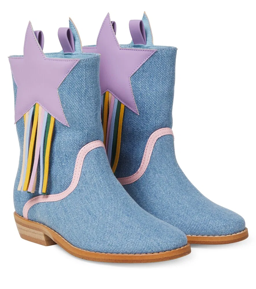 Ковбойские сапоги из джинсовой ткани с бахромой Stella McCartney Kids, синий
