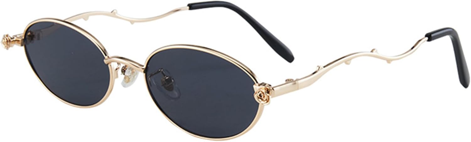 

Солнцезащитные очки Bullabulling в стиле ретро, ​​овальные, для женщин и мужчин, модные в стиле 70-х, с дужками в виде розового цветка, золотистая металлическая оправа, Black Gold