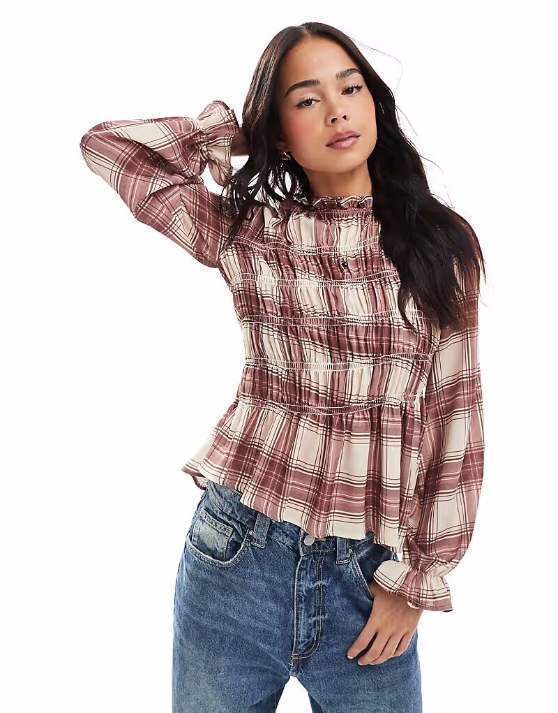 

Топ с длинными рукавами и асимметричными сборками в клетку от ASOS DESIGN