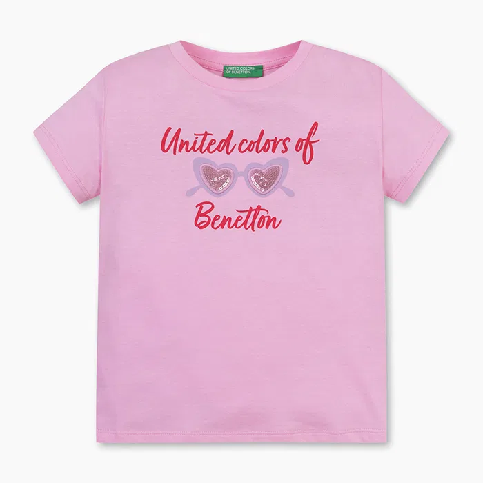 Детская футболка с блестящими акцентами розовая от Benetton Kids