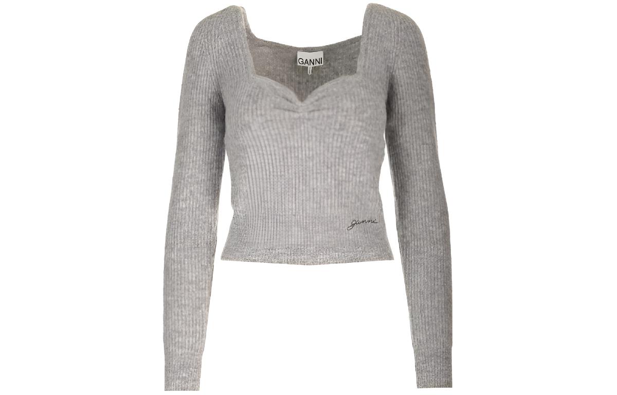 

Свитер с вышитым логотипом и круглым вырезом GANNI, серый