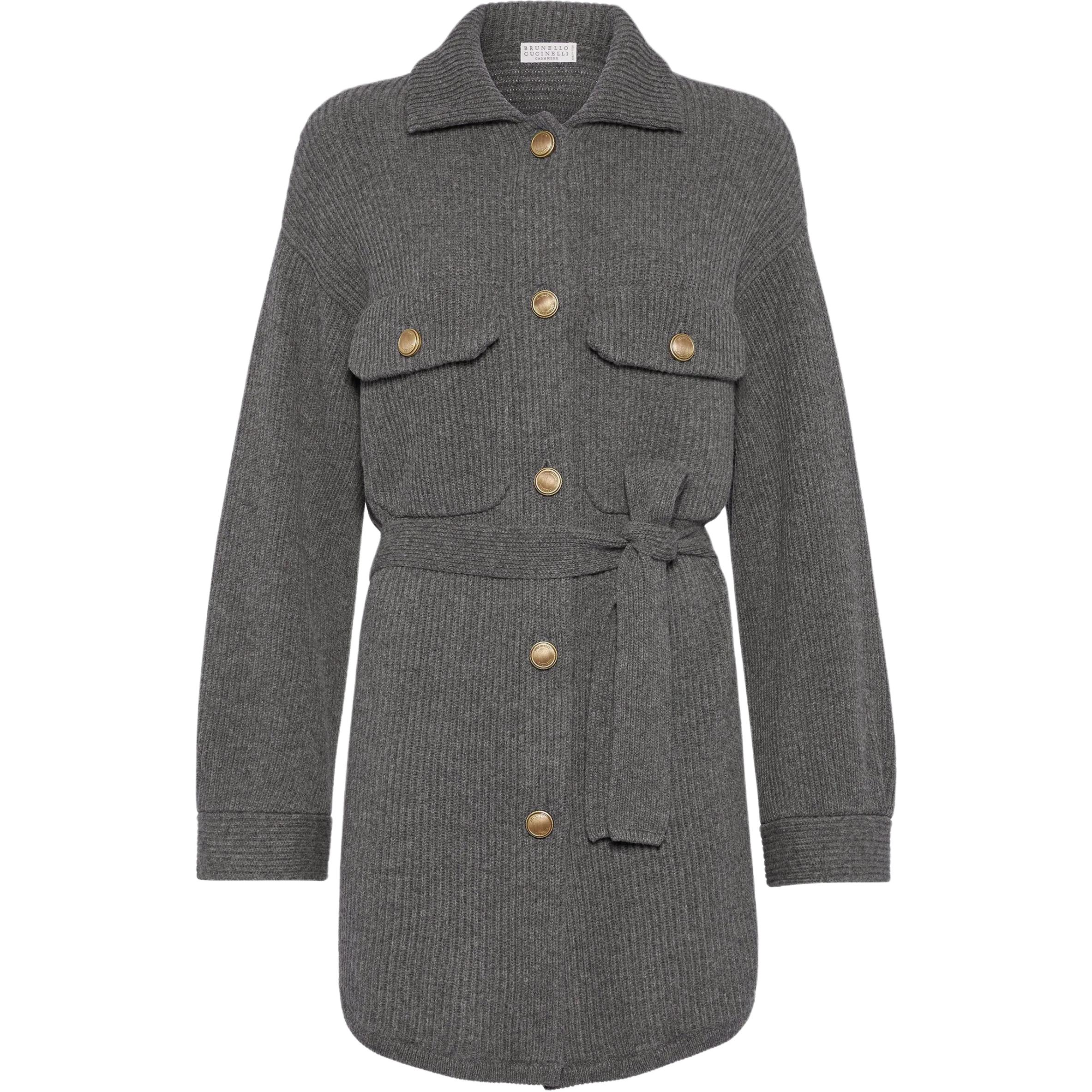 

Кардиган с длинным рукавом, рельефной вязкой и поясом Brunello Cucinelli, серый