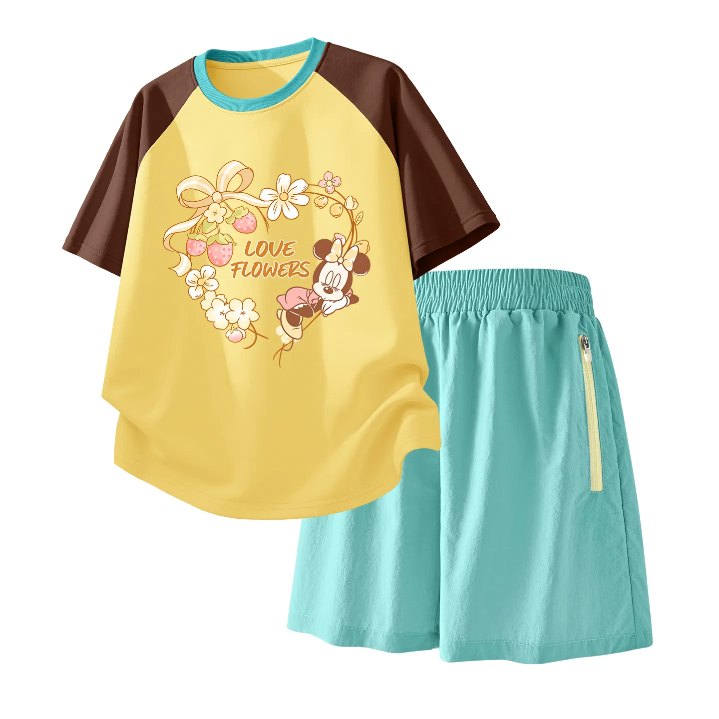 Детский спортивный костюм Casual Sportswear 2 Piece Set Disney, Daisy Flower Brown Yellow+Solid Color Mint Green
