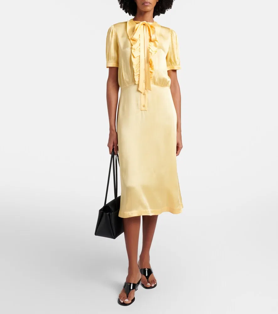 Атласное миди-платье с оборками и завязками на шее Prada, желтый — фото 2