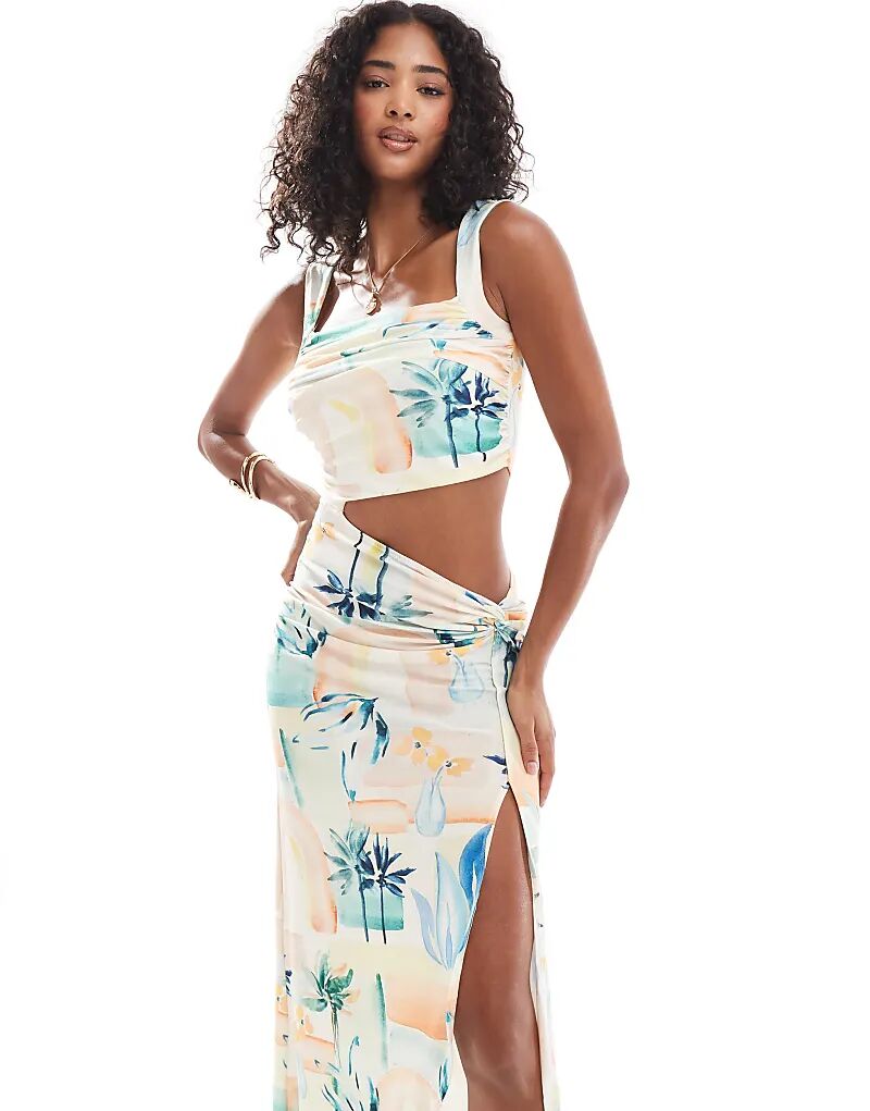 

Платье миди с узлом спереди и сборками, с принтом пальм ASOS DESIGN