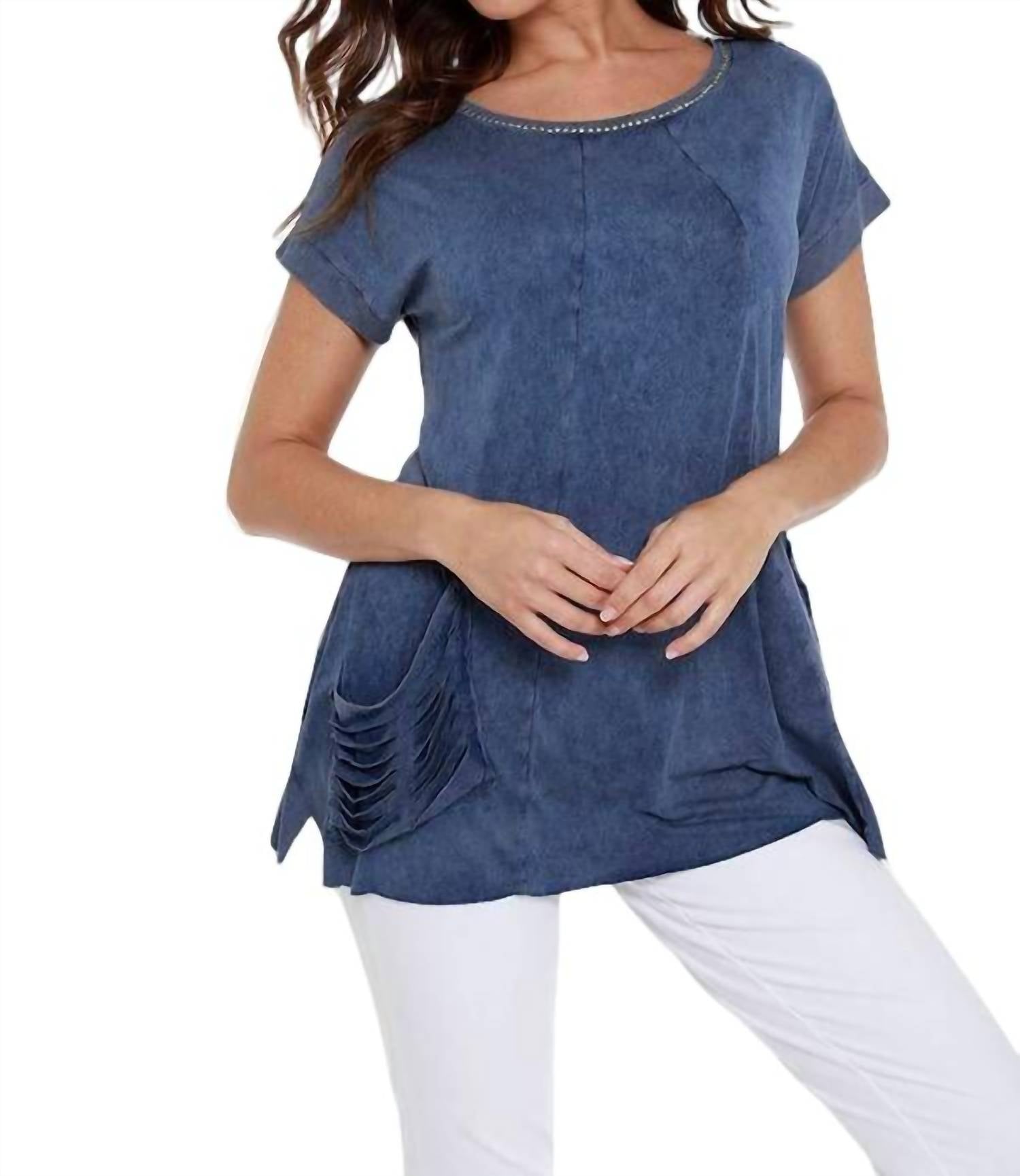 

Туника с короткими рукавами, расшитая бисером, из денима ANGEL, цвет denim