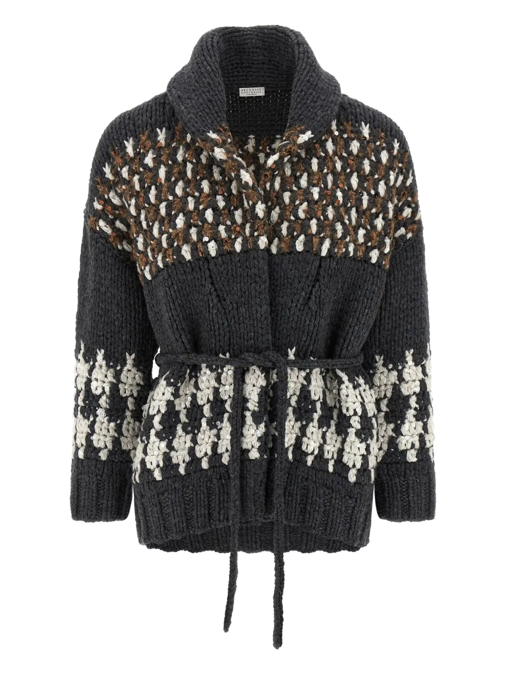 

Кардиган с поясом, украшенный пайетками Brunello Cucinelli, серый