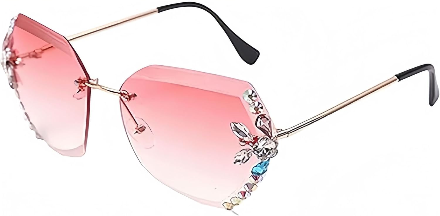 

Модные женские солнцезащитные очки без оправы с бриллиантами, большие солнцезащитные очки с градиентной многоугольной бриллиантовой оправой и защитой от УФ-излучения AILYFIRMO, Pink