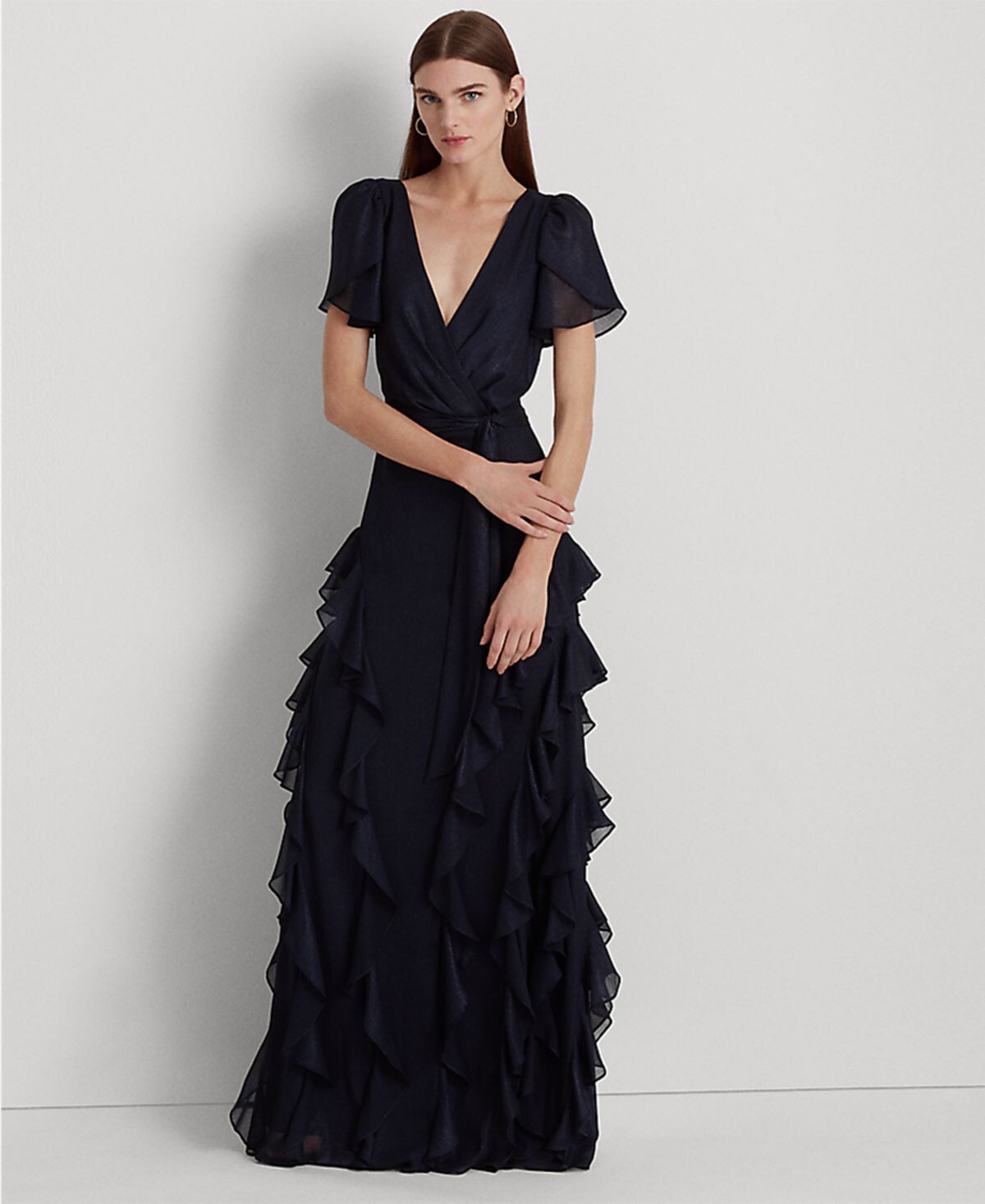 

Женское шифоновое платье цвета металлик с оборками Lauren Ralph Lauren