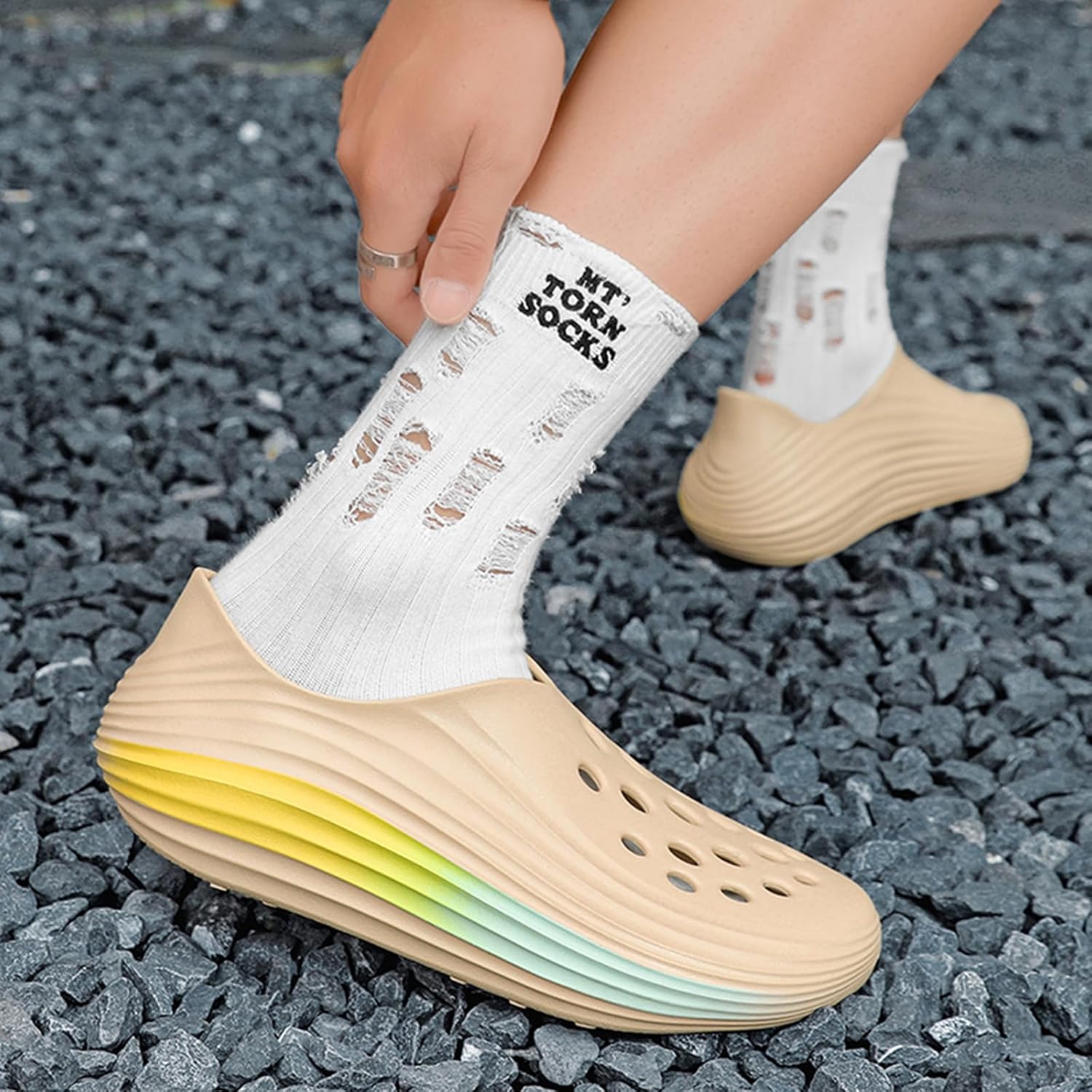 Мужские слипоны из пены с вырезами, стиль Foam Runner, легкие, прочные, из материала EVA, дышащие, мягкие пляжные сандалии с вентиляцией для мужчин Inkuil, бежевый — фото 4