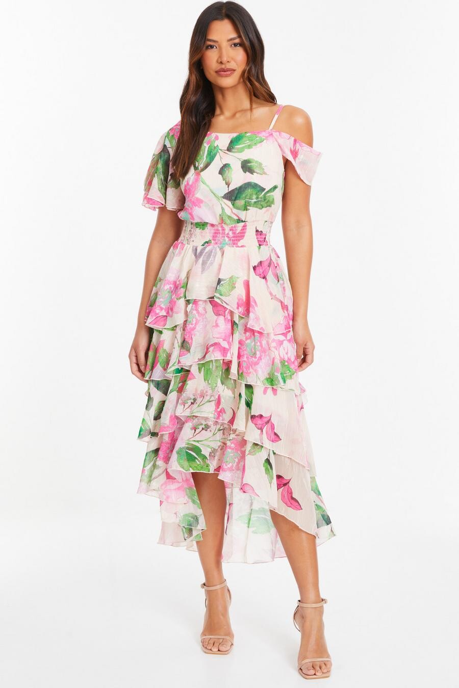 

Платье миди с открытыми плечами и цветочным принтом телесного цвета QUIZ Clothing