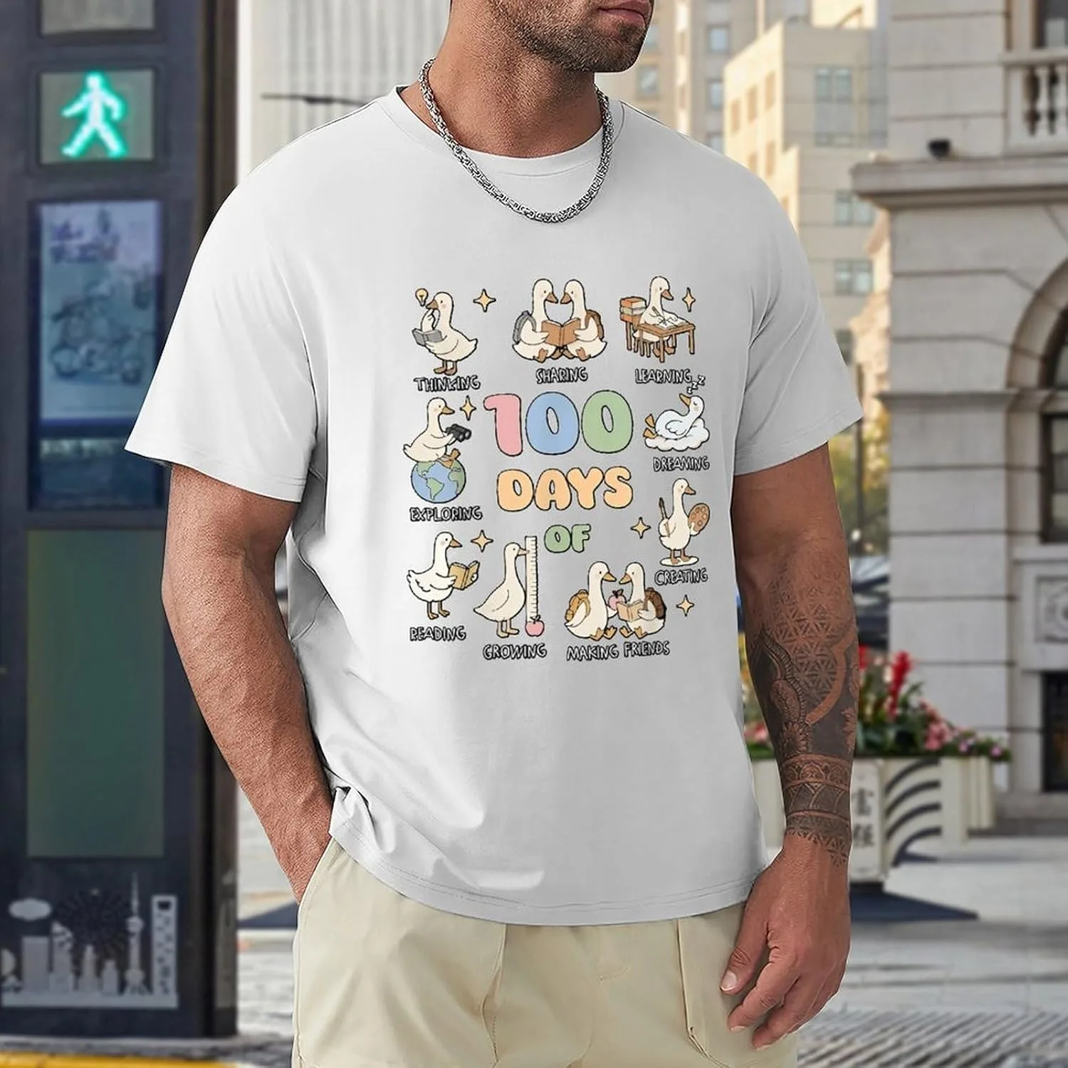 Мужская футболка Silly Goose Happy 100 Days of School с принтом учителя и книжника, винтажная, мягкая, повседневная, классическая новинка Generic, белый — фото 2