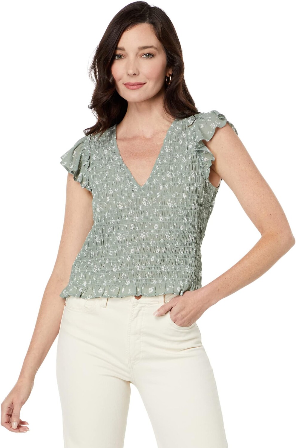 

Топ Madewell Lucie V-Neck Smocked Top in Cottage Garden, цвет Frosted Willow