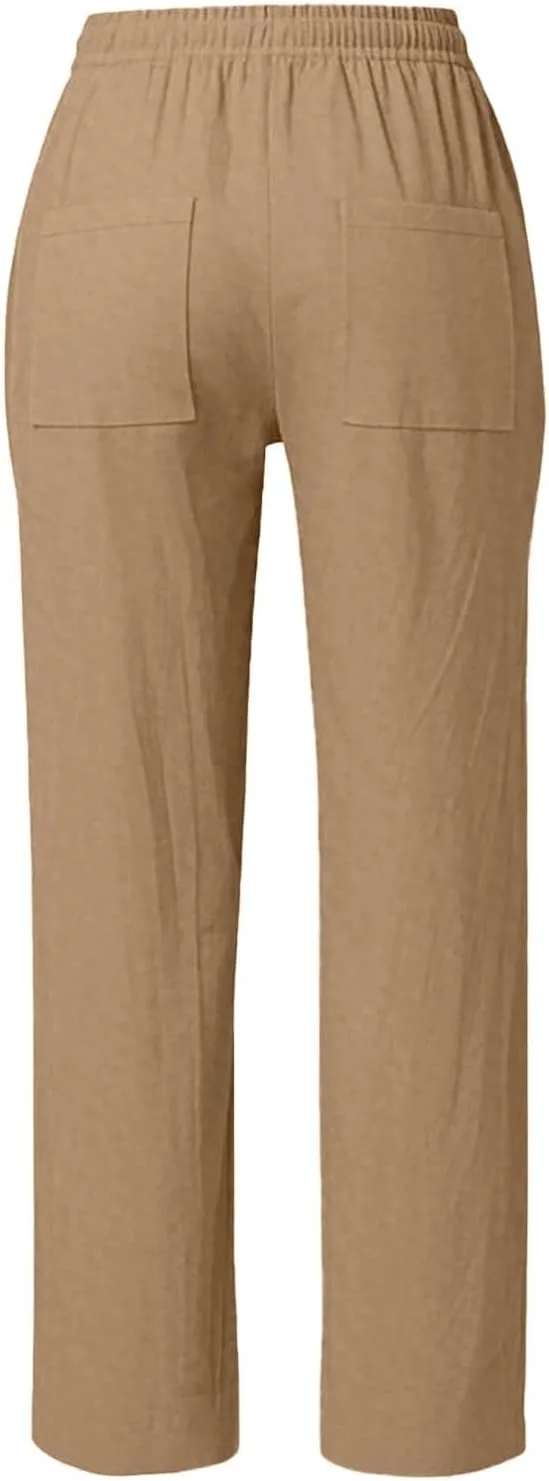 Женские брюки Wide Leg из льна для лета и пляжа, свободного кроя, с высокой посадкой, легкие, хлопок-лен, с карманами Generic, хаки — фото 3