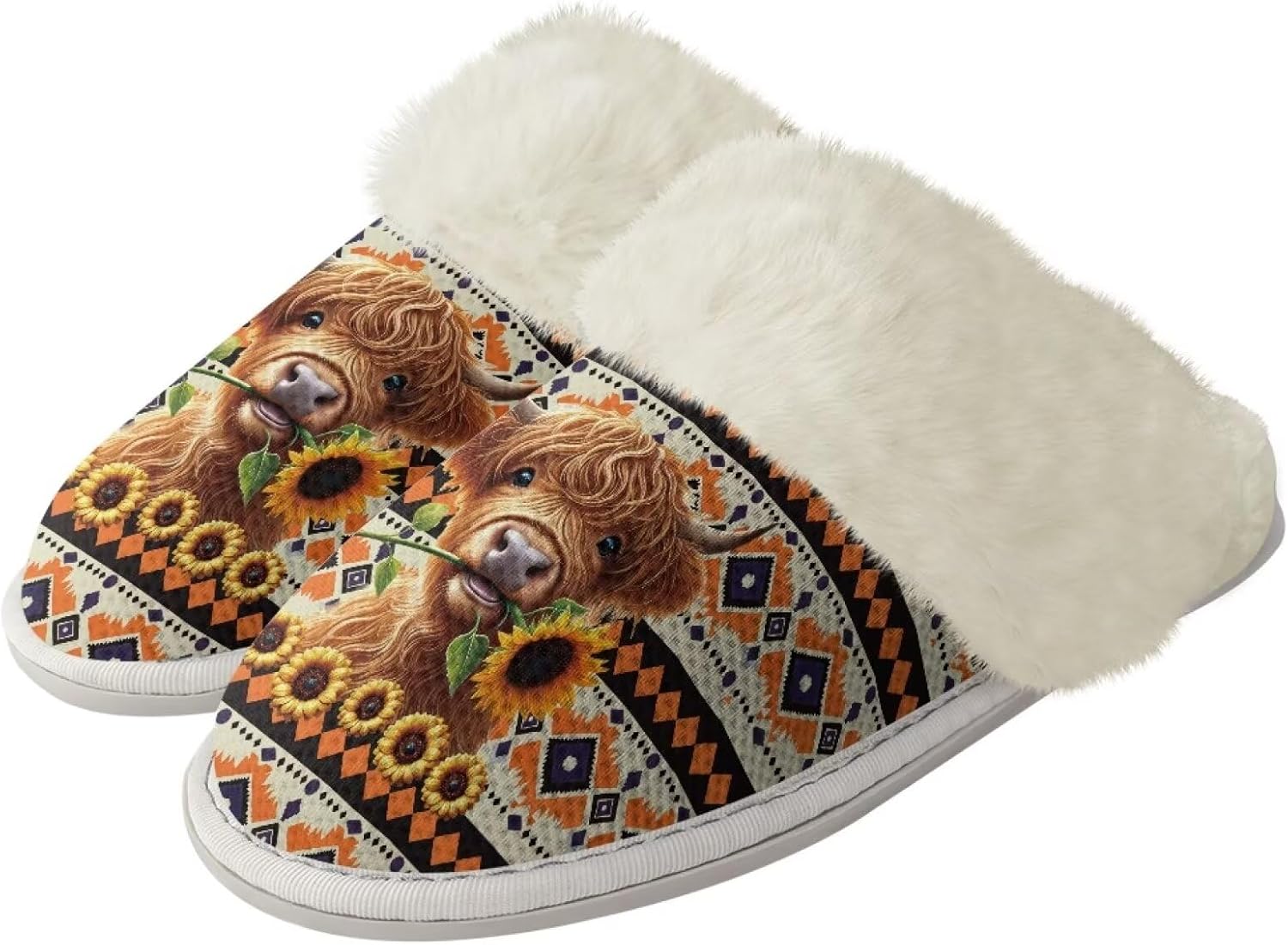 

Тапочки Watdotory для женщин и мужчин, удобные, легкие, зимние, теплые домашние тапочки унисекс, с нескользящей плюшевой подошвой, для ванной, отеля и дома, с резиновой подошвой, Aztec Western Sunflower Highland Cow