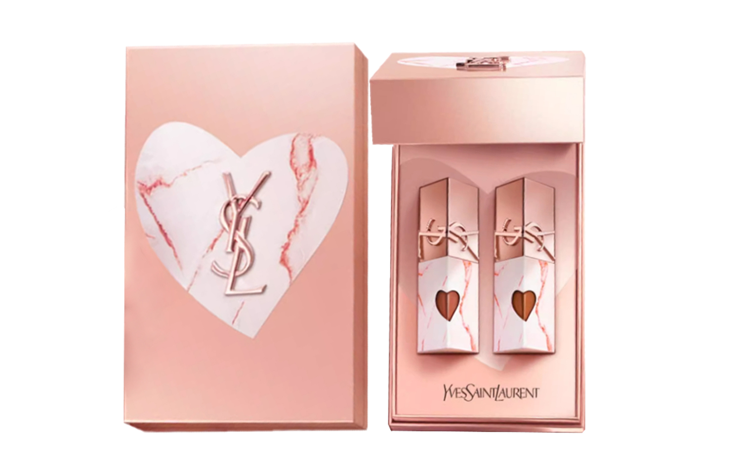 SAINT LAURENT Pink Gold Stone Qixi Limited мраморное сердце блеск для губ глянцевый легко растушевывается стойкий 5,5мл+5,5мл — фото 2
