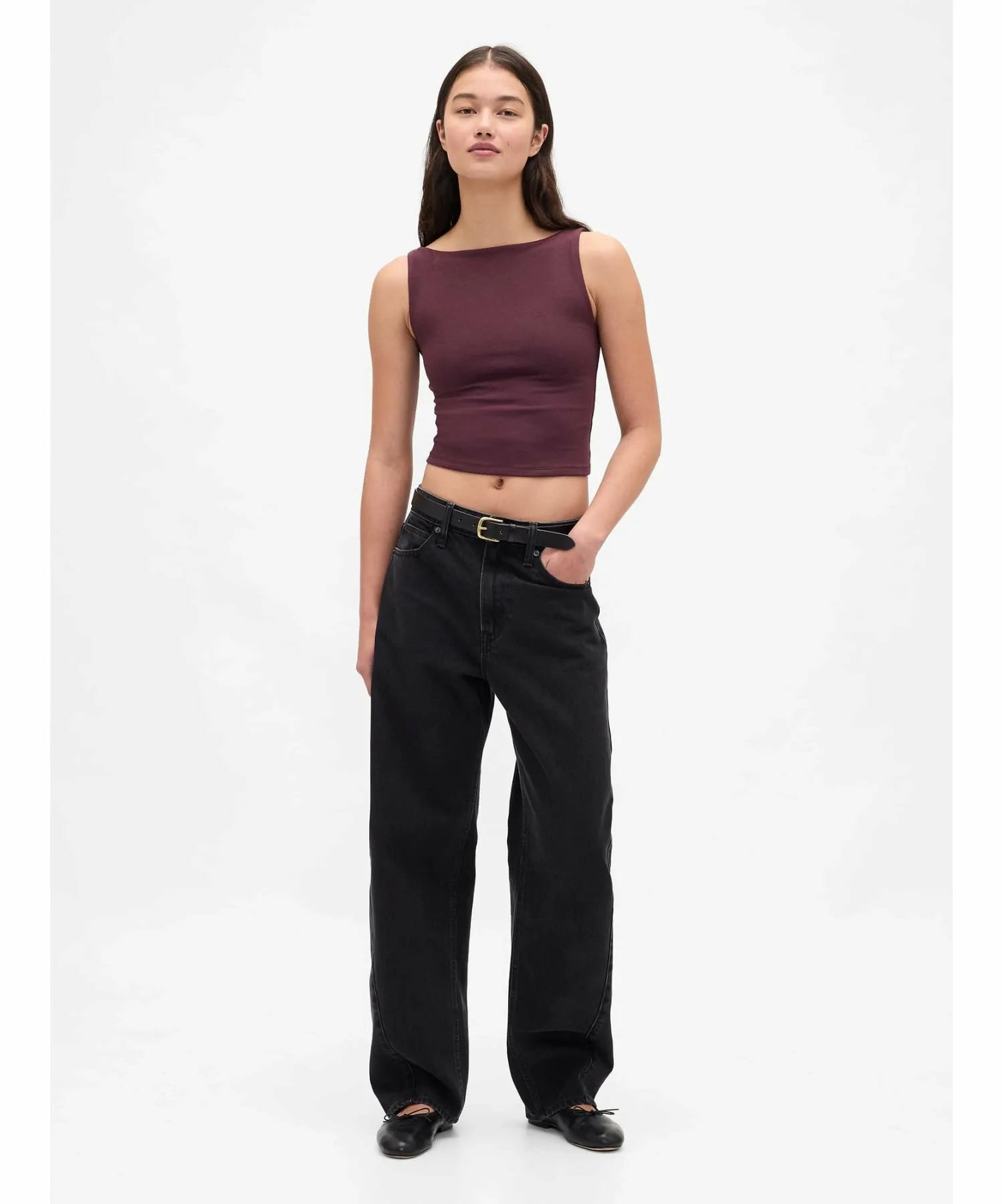 (W) Укороченный топ-майка из плотного трикотажа с вырезом-лодочкой GAP, BORDEAUX427 GLOBAL — фото 2