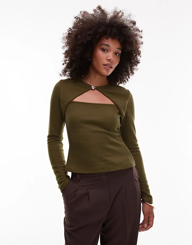 

Супермягкий лонгслив с длинными рукавами и вырезами ASOS DESIGN темно-оливкового цвета - DGREEN