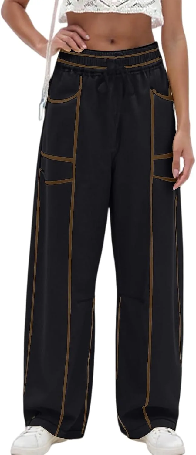 Женские брюки Barrel Pant широкого кроя с завязкой на талии, свободные штаны с несколькими карманами, контрастной строчкой, повседневные мешковатые спортивные брюки Generic, черный — фото 3