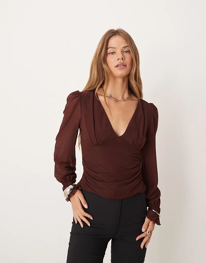 

Полупрозрачный лонгслив ASOS DESIGN с длинными рукавами и V-образным вырезом шоколадного цвета