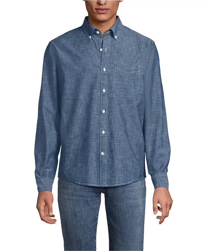 

Мужская рубашка с длинным рукавом из шамбре Lands' End, синий