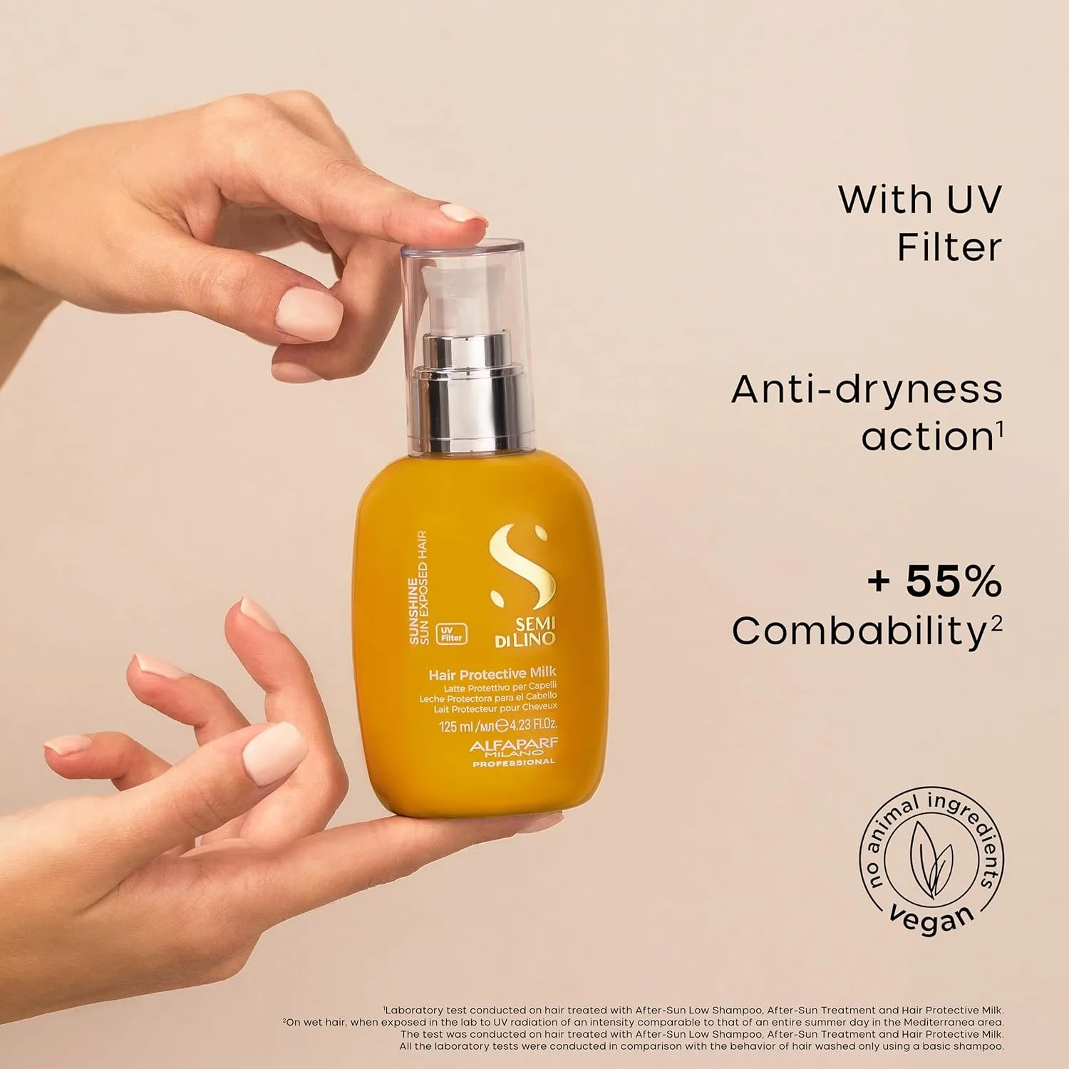 ALFAPARF MILANO Semi di Lino Sunshine Protective Hair Milk - несмываемый уход с UV-фильтром, увлажняющее средство для волос на солнце, облегчает расчесывание, для мягких, блестящих и легких волос — фото 3