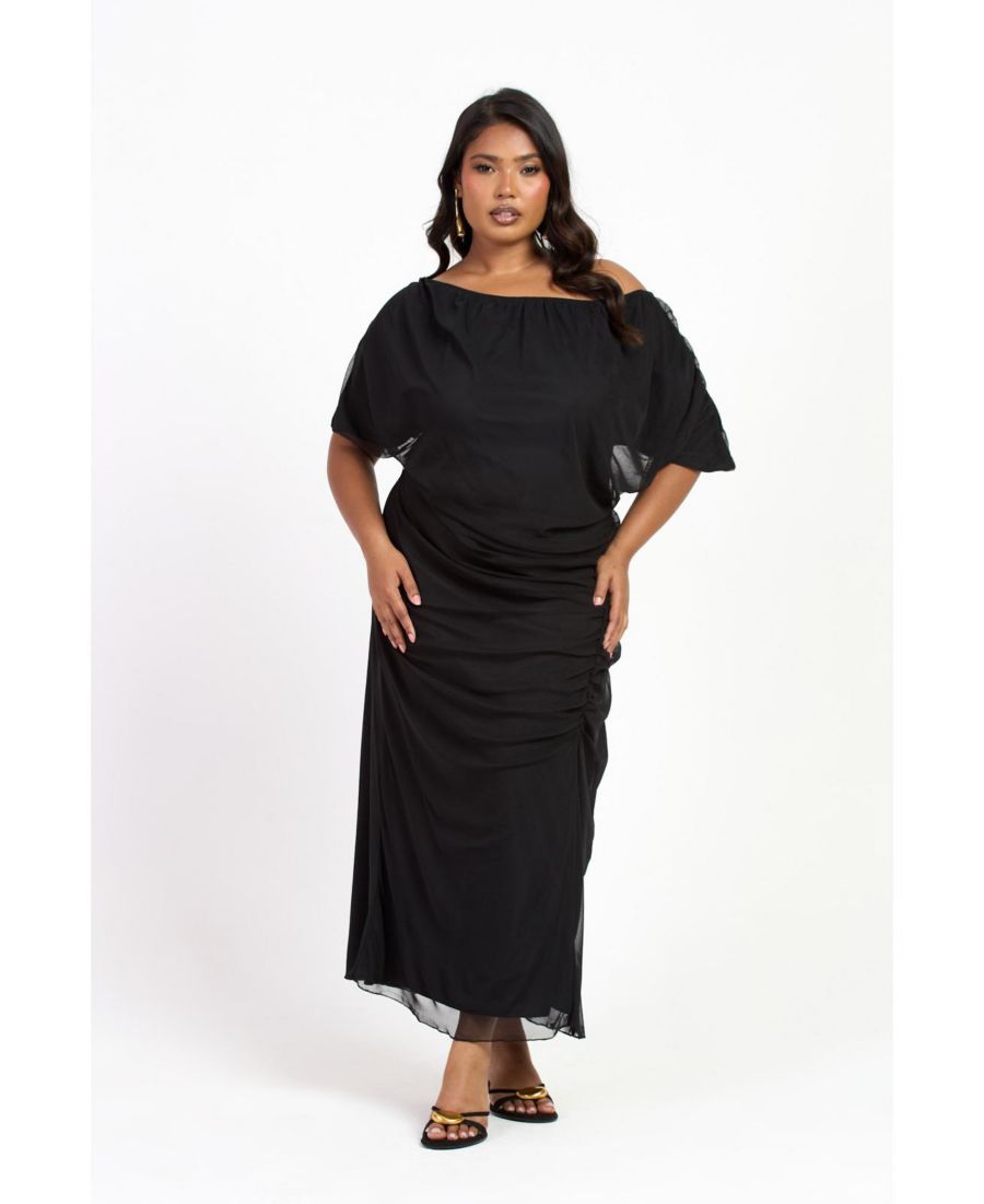 

Женское платье-мидакси с приспущенными плечами и сборками из сетчатой ткани FASHION-SZN CURVE, Black