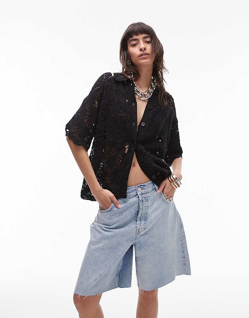 

Topshop — Черная рубашка поло, связанная крючком