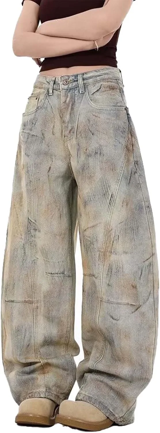 

Багги джинсы для женщин Y2K ретро distressed low rise wide-leg LUUTWAL