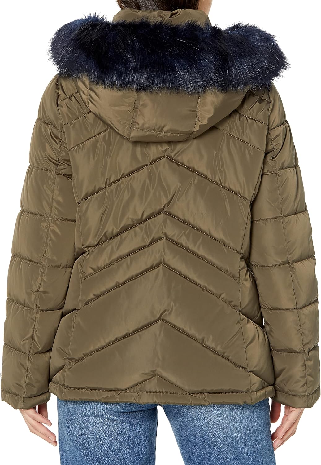Женская короткая стеганая куртка TOMMY HILFIGER с меховым капюшоном и присборенной талией, Chevron Juniper — фото 2