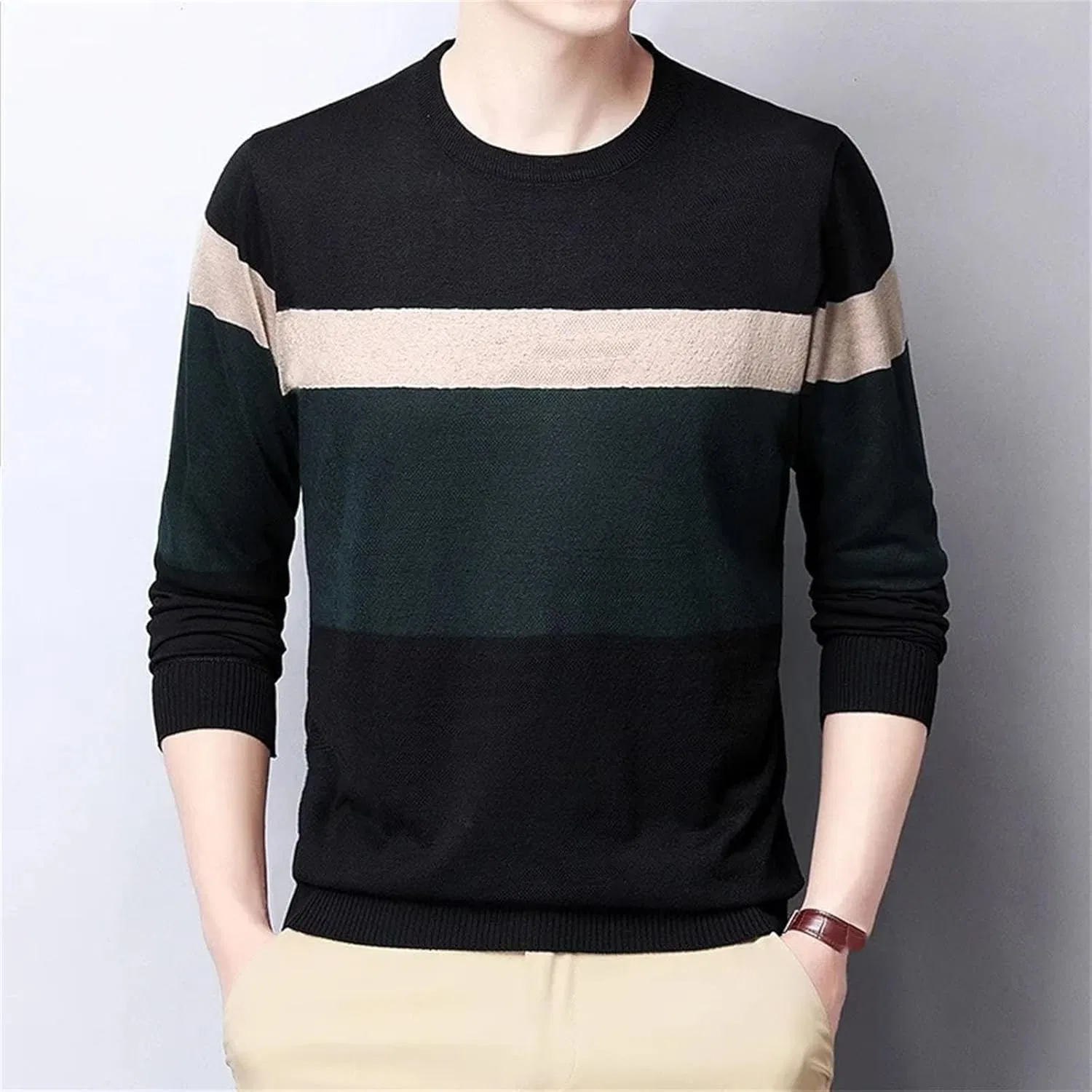 Мужской повседневный утепленный свитер с длинным рукавом Slim Striped Fleece Pullover Generic, черный — фото 4