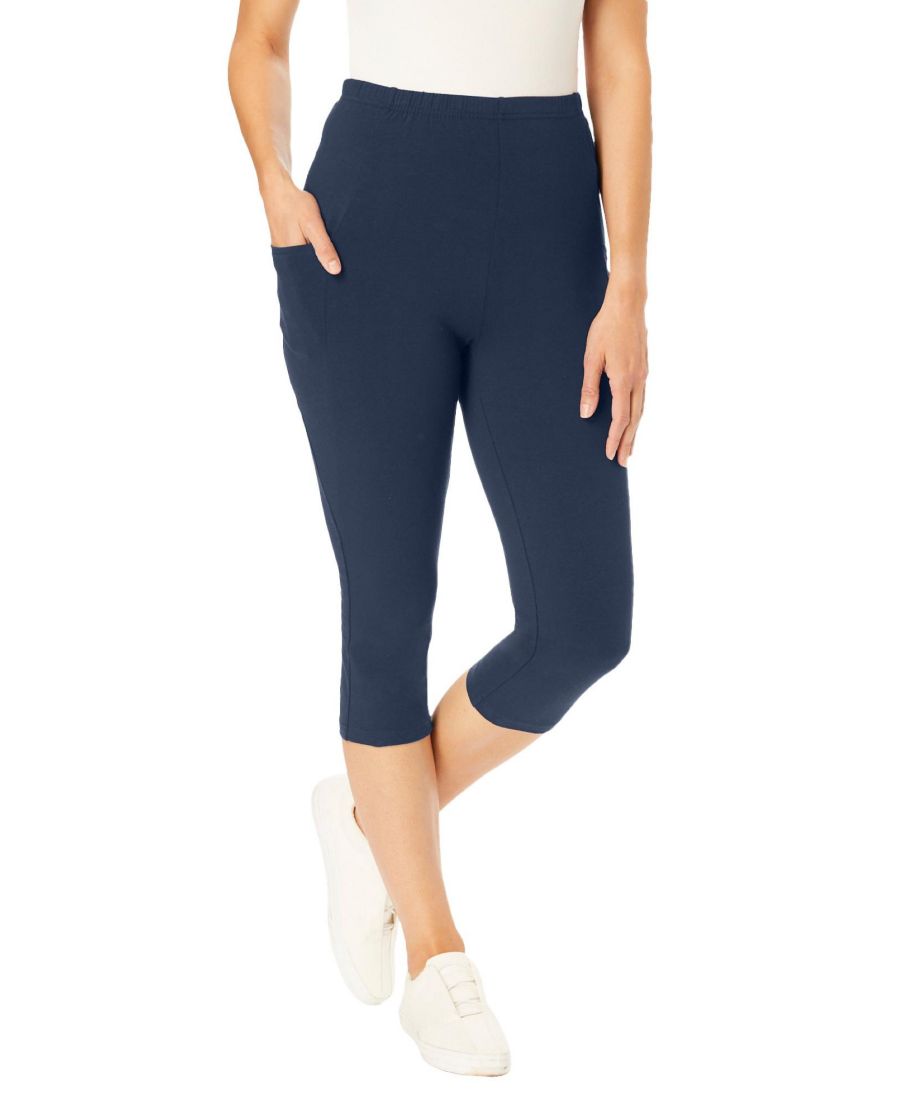 

Женские леггинсы-капри большого размера из эластичного хлопкового трикотажа с карманами Woman Within, Navy