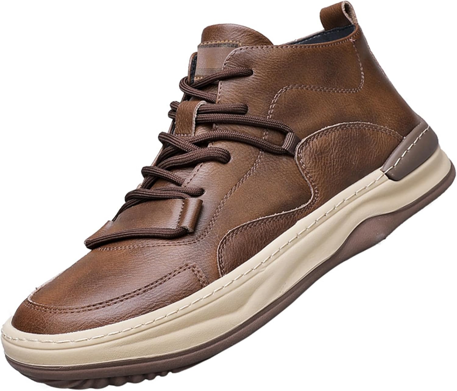 

Мужские итальянские модные кроссовки на платформе со шнуровкой, удобные, противоскользящие, высокие кожаные ботинки с округлым носком, повседневная обувь для ходьбы Devileyeze, коричневый