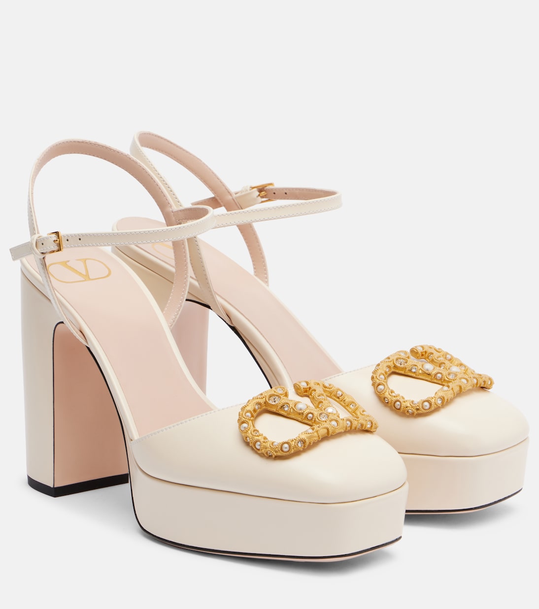 Кожаные платформенные лодочки VLogo 115 Valentino Garavani, Light Ivory/Cream-Crystal