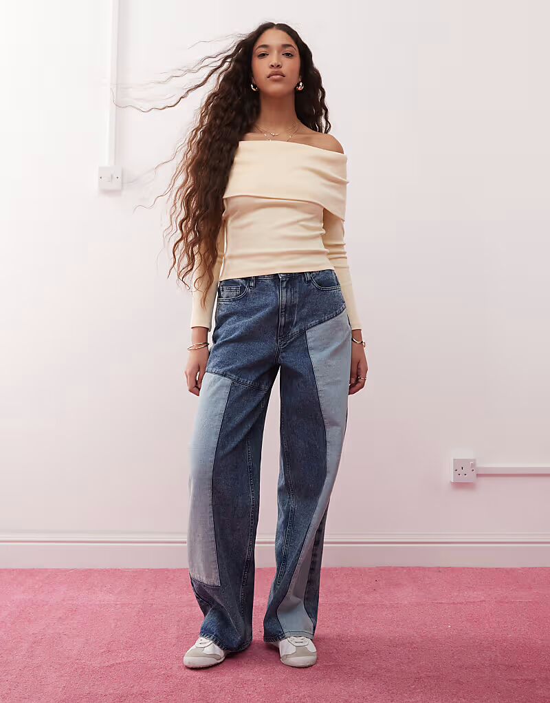 

Джинсы Miss Selfridge Denim с заплатками, мешковатые, синего цвета