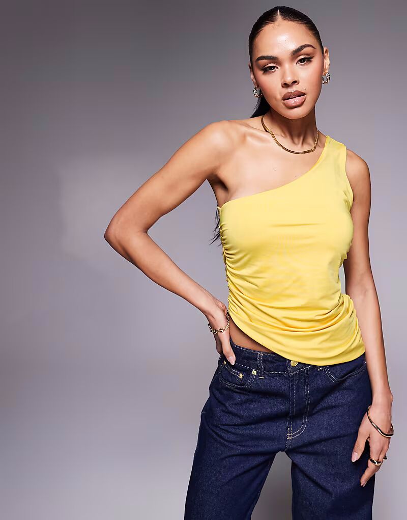 

Топ ASOS DESIGN с асимметричным подолом, сборками по бокам, двумя бретелями, на одно плечо, облегающий, желтого цвета - ЖЕЛТЫЙ