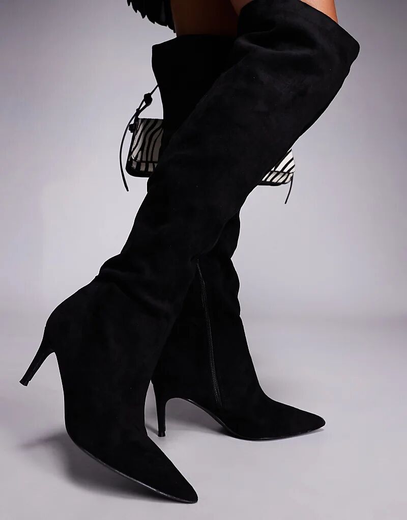 Сапоги Public Desire Ellen Wide Fit с острым носком и каблуком до колена из черной искусственной замши — фото 4