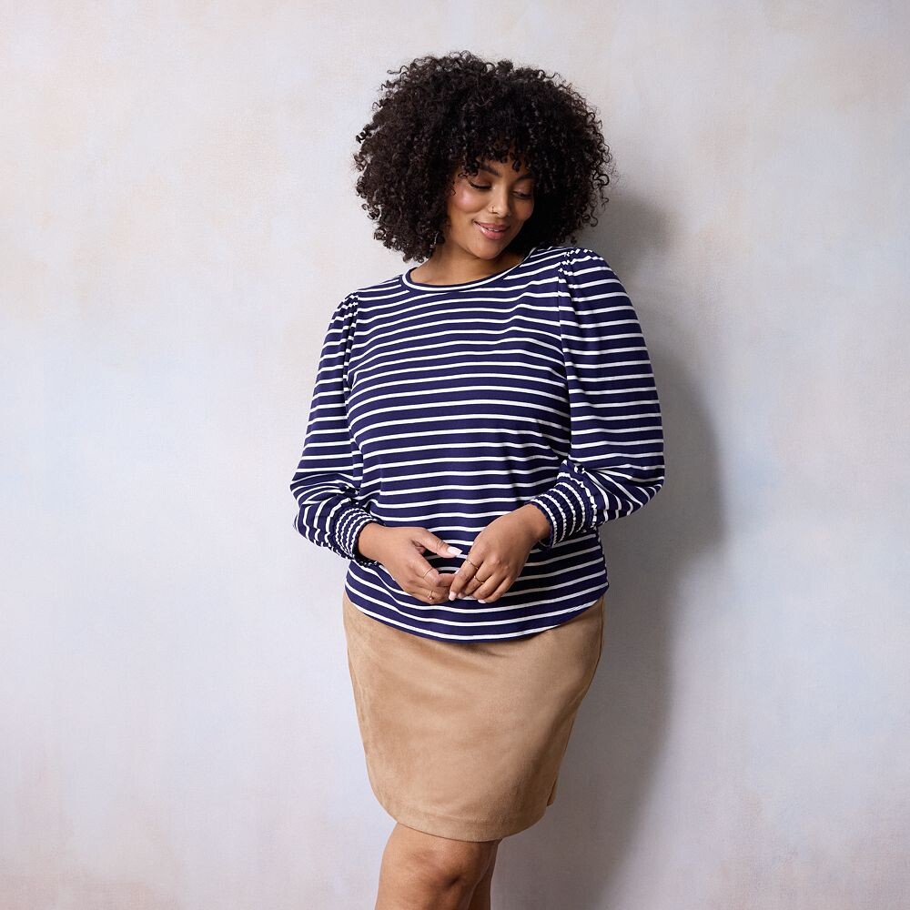 

Топ больших размеров LC Lauren Conrad со сборками на манжетах, цвет Navy Basque Stripe