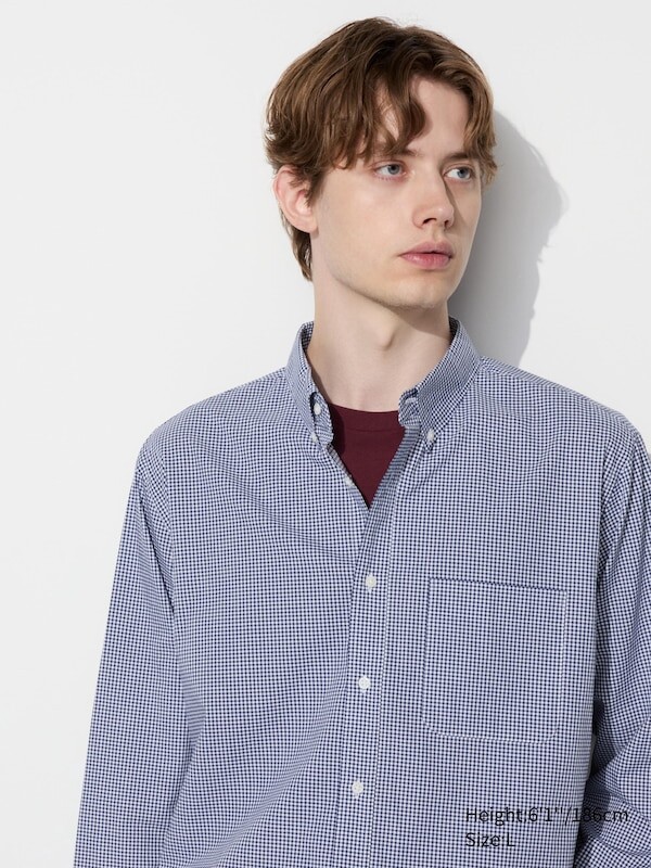 

Рубашка из сукна воротник на пуговицах, клетчатая Uniqlo, синий
