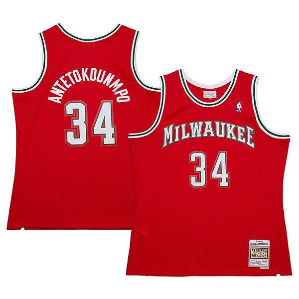 

Мужская баскетбольная майка giannis antetokounmpo red milwaukee bucks 2014/15 hardwood classics swingman Mitchell & Ness