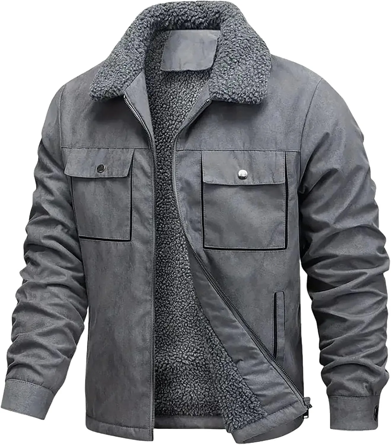 Зимнее пальто для мужчин Sherpa Fleece Lined Jacket на молнии, утепленное верхнее пальто в винтажном стиле Generic, серый